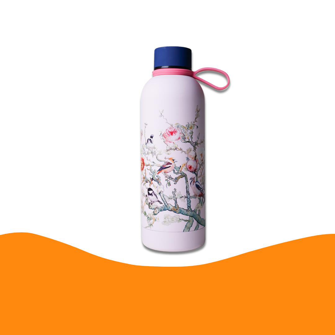 代爾夫特藍瓷風 不銹鋼保溫水樽 (粉紅森林小鳥設計) - 500ml